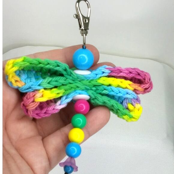 Crochet Dragonfly Bag Charm Hand Crafted Colorful Beaded Purse Keychain NEW - Picture 4 of 7